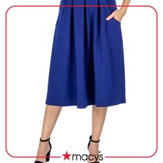 in stock Blue A-line Bottoms With Pockets, Spring Midi Skirt With Side Pockets, Blue Skirt With Side Pockets, Solid Color Bottoms With Pleated Waist, Midi Length, Solid Midi Bottoms With Pleated Waist, Stretch Skirt With Pockets For Day Out, Knee-length Skirt With Side Pockets, Stretch Full Skirt With Pockets, Classic Skirts