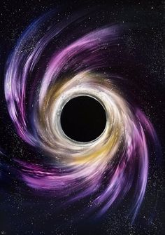 a black hole in the sky with purple and yellow swirling around it's center