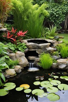 a pond with water lilies and plants surrounding it