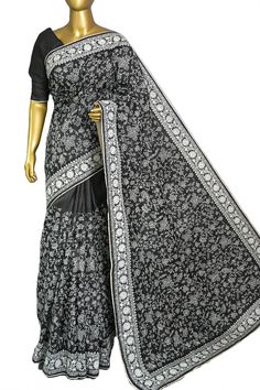 The new and latest style as your party drapes are woven in a unique manner with an amazing gachi tussar saree in vibrant black color with mavhine embroidery work on the body and the border comes with Kashmiri stitch done by adorably. Color: A shade of black color Technique: Work of machine embroidery on the whole body with Kashmiri stitch work on the border Fabric: Tussar Quality: IndyVogue's Assurance of Silk Mark Certification Tussar Saree, Border Fabric, Stitch Work, On The Border, Color Techniques, Kinds Of Fabric, Latest Sarees, Whole Body, Embroidery Work