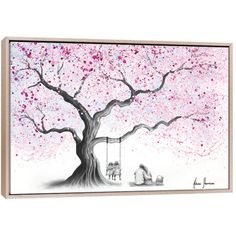 a tree with pink flowers and two people on a swing under the blossoming tree