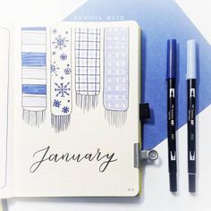 a notebook with some writing on it next to two pens and a clipboard that says january