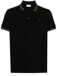 black/grey cotton striped tipping polo collar short sleeves front button placket signature Pegaso motif straight hem Black Polo Shirt With Striped Collar, Black Polo Shirt With Placket, Black Cotton Polo Shirt With Striped Collar, Classic Black Polo Shirt With Contrast Collar, Black Polo Tops With Contrast Collar, Black Polo Shirt With Ribbed Collar, Classic Black Polo Shirt With Collared Neckline, Short Sleeve Polo Shirt With Contrast Stripes For Workwear, Black Casual Polo Shirt With Striped Collar