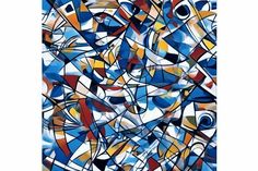 an abstract painting with blue, yellow and red colors on it's surface is featured in this image