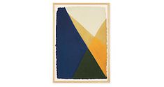 an abstract painting with blue, yellow and green colors on it's edges is framed in wood