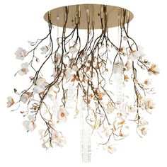 a chandelier with white flowers hanging from it's centerpiece, on a white background