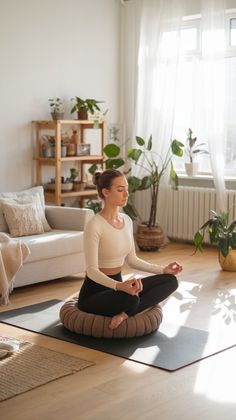 a woman sitting in a lotus position on a yoga mat