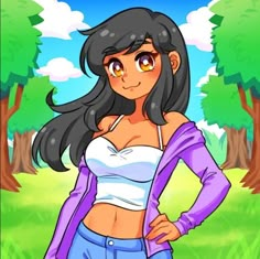 a cartoon girl standing in the grass with her hands on her hips and looking at the camera