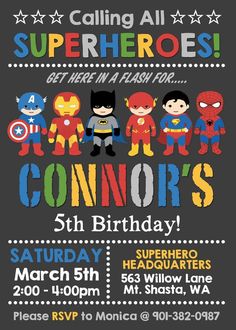 an image of a birthday party with superheros on the front and back of it