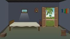 a room with a bed and two doors leading to another room that has a palm tree in it