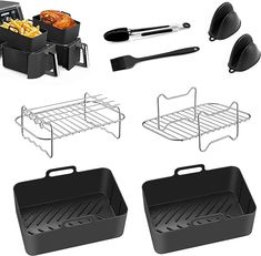 an assortment of cooking utensils and grilling pans on a white background