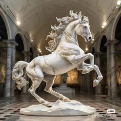 a statue of a white horse in a room with marble flooring and arches on the ceiling