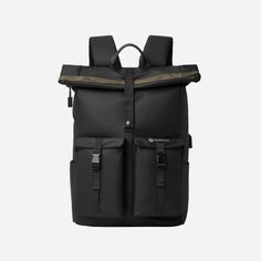 a black backpack with two compartments on the front