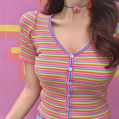 Striped Casual V-Neck Knitted Slim Crop Tops – Tomscloth Multicolor Ribbed Knit Tops, Knitted Striped V-neck Top, Multicolor Stretch Knitted Tops, Cute Multicolor Knit Tops, Fitted Multicolor Ribbed Top, Crop Cardigan, Y2k Baby Tee, Crop Top Outfits, Cargo Skirt