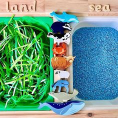 an ocean scene with sea animals and blue sand in a plastic tray on a wooden table