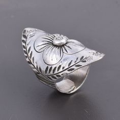 "Boho Sterling Silver Ring, Flower Statement Ring, Handmade Wide Band Ring, Thumb Ring, Tribal Ring, Gift Item ❥Silver Metal Specialty:- *Silver (Ag), chemical element, a white lustrous metal valued for its decorative beauty and electrical conductivity. Together with gold and platinum-group metals, silver is one of the so-called precious metals. Because of its comparative scarcity, brilliant white color, malleability, ductility, and resistance to atmospheric oxidation, silver has long been used Handmade Silver Adjustable Butterfly Ring, Handmade Silver Butterfly Open Ring, Handmade Silver Flower Shaped Rings, Silver Flower Rings With Adjustable Fit, Vintage Silver Flower Ring For Jewelry Making, Unique Adjustable Engraved Flower Ring, Adjustable Engraved Flower Open Ring, Adjustable Engraved Open Flower Ring, Engraved Adjustable Flower Open Ring