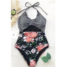 New Without Tags Cupshe Secret Fragrance Print One Piece Swimsuit Black And White Micro Stripe Halter Top Center Cut Out Floral Print Highwaisted Bottom Fully Lined Removable Cup Padding Moderate Bottom Coverage Women's L (Bust: 38.5-40.5", Waist: 30.5-32.5", Hip: 39.5-41.5", Cup Size: 36c, 36d, 38a, 38b, 38c) Black Printed Swimwear For Summer, Summer Black Printed Swimwear, Black Halter Neck Summer Bodysuit, Black Summer Beach Bodysuit, Black Halter Neck Bodysuit For Summer, Black Summer Bodysuit For The Beach, Black One-pieces For Summer, Trendy One-piece For Spring Vacation, Trendy One Piece For Spring Vacation