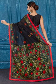 Beautiful black Phulkari work Kota saree is a perfect drape for special occasions. It comes with a matching blouse piece. Disclaimer: The shown stitched blouse on the model is for display purpose only. The saree comes with a matching blouse piece and finished with fall and piko. Tussar Silk Sarees, Indian Clothing Store, Kota Sarees, Latest Designer Sarees, Fashion Journals, Tussar Silk Saree, Indian Clothing, Traditional Fabric, Designer Sarees