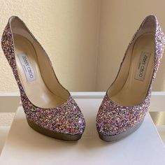 Rare Jimmy Choo Glitter Heels Gorgeous Jimmy Choo Glitter Heels Barley Wore In Great Condition! Comes In Original Box With Duster Bag Make Me An Offer Please Be Respectful All Extremely Low Offers Will Be Declined. Glamorous Glitter Heels With Almond Toe, Luxury Glitter Heels With Round Toe, Multicolor Embellished Heels With Round Toe, Pink Sequined Round Toe Heels, Jimmy Choo Bling Heels, Vintage Jimmy Choo Heels, Luxury Sequined High Heels, Jimmy Choo Rhinestone Heels, Jimmy Choo Glitter Heels