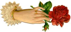 a woman's hand holding onto a red flower with green leaves on the wrist