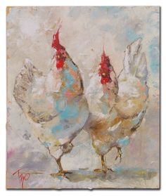 two chickens standing next to each other on top of a white surface with blue and red paint