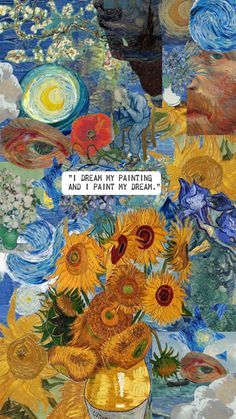 an artistic painting with sunflowers in a vase on the left side and words above it