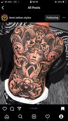 the back of a man with tattoos on his body and head in an intricate pattern