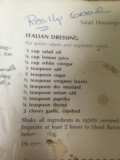 a menu listing italian dressing and instructions