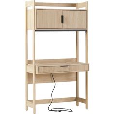 a wooden shelf with an electric cord attached to the top and two drawers below it