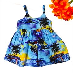 Bright Aloha Hawaii Dress For Little Girls Size Medium 100% Cotton Made In Hawaii Royal Hawaiian Creations Elastic Shoulder Straps Empire Waist Adjustable Drawstring Back Tie Dress Chest 22" Dress Lenght 17" New Without Tag Blue Tropical Print Sundress For The Beach, Blue Hawaiian Printed Dresses, Blue Tropical Print Sundress For Beach Season, Blue Hawaiian Dress With Tropical Print, Tropical Blue Sundress For Beach Season, Cute Blue Sundress For The Beach, Playful Blue Beach Dress, Playful Blue Sundress For Vacation, Playful Blue Sundress For The Beach