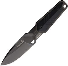 the knife is black and has two blades on it's side, with an arrow shaped blade in the center