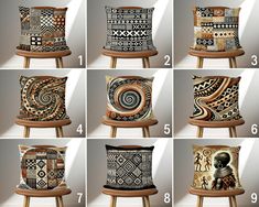 six different hats with designs on them sitting on top of a wooden stool in front of a wall