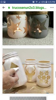 three different pictures of mason jars with candles in them, one is decorated and the other has