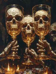 three gold skulls holding wine glasses in front of them