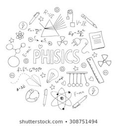 the word physics surrounded by doodles and school supplies in a circle on a white background