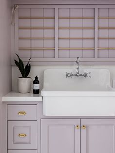 a white sink sitting in the middle of a kitchen next to cupboards and a potted plant