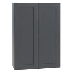 a gray cabinet with two doors on the front and one door open to reveal it's contents