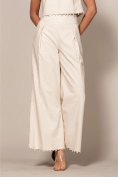 Flow-y wide legs punctuate these linen-blend pants designed with a pretty pearl trim at the ankles. • Pleated Detail• Side Zipper• Banded Waist• Pearl Trim• Pockets Night Out Tops, Linen Blend Pants, Evening Cocktail, Mens Bow Ties, Fascinator Hats, Pants Design, Wide Legs, New Tops, Birthday Dresses