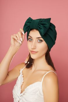 "Satin lined turban cap with removable bow for women This turban cap is made with a soft and stretchy fabric and lined with satin. It is beautifully designed with a detachable bow in front and can be worn with or without the bow. Whether with hair up or down, indoors or outdoors, social and religious gatherings, hot and cold days, bad and good hair days, this turban is what you need. Also perfect for women going through illness causing hair loss,  chemo, alopecia.  This can indeed serve as a lov Adjustable Knotted Turban, One Size Chic Headwrap, Summer Gift Headwrap, Green Hair Accessories With Matching Headband, Green One Size Fits Most Headscarf, Fitted Turban, Turban Cap, Improve Hair Growth, Thick Wavy Hair