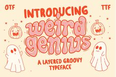 an old fashioned halloween font with ghost faces and pumpkins on it, as well as the words'weird genius '