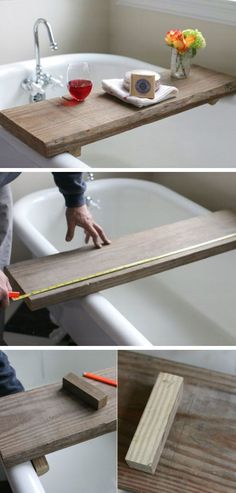 three pictures showing how to make a bathtub tray with wood planks and tape