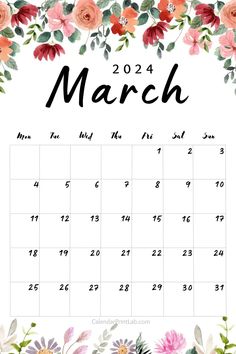 Download March 2024 Floral Calendar March 2024 Calendar Printable, March Calendar 2024, March 2024, Filofax Diy, Bright Acrylic Nails, New Year Cartoon, Flower Calendar, Calendar Download, Calendar Wallpaper