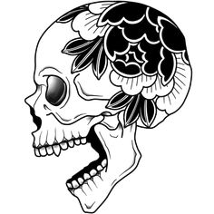 a black and white skull with flowers on it's head, in the shape of a