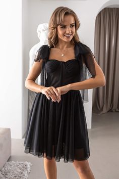 Elegant Evening Tutu Dress For Prom Season, Elegant Evening Tutu Dress For Prom, Black Tulle Skirt Evening Dress For Party, Black Sheer Dress For Prom Season, Black Organza Corset Dress For Wedding, Fitted Tulle Fabric For Evening, Black Tulle Dress For Party, Elegant Bridesmaid Tutu Dress For Prom Season, Elegant Tulle Mini Dress For Banquet