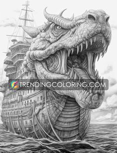 a drawing of a dragon on top of a ship in the ocean with clouds above it