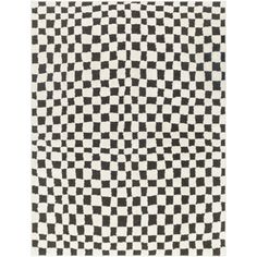 a black and white rug with checkered squares on the front, in various sizes