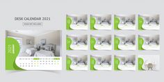 a desk calendar is shown with green and white designs on the front, back, and sides