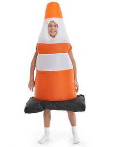 a child wearing an inflatable cone costume