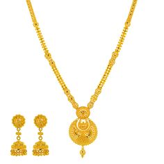 Virani Jewelers presents a 22k yellow gold necklace and Jhumki earring set that beautifully showcases the artistry of Indian jewelry. The intricate design and rich gold color make it a standout necklace with matching Jhumki earrings that can be worn for bridal events and other formal occasions.This gold jewelry set combines traditional craftsmanship with modern elegance, appealing to those with refined tastes. Enhance your ensemble with this stunning 22k gold jewelry set.Features• 22k yellow gol Gold Jewelry Set, Bridal Events, Gold Bridal Necklace, 22k Gold Jewelry, Filigree Necklaces, Jhumki Earrings, Gold Jewelry Sets, Yellow Gold Necklace, Bridal Event