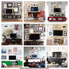 a collage of pictures showing different types of living room furniture and wall art on the walls